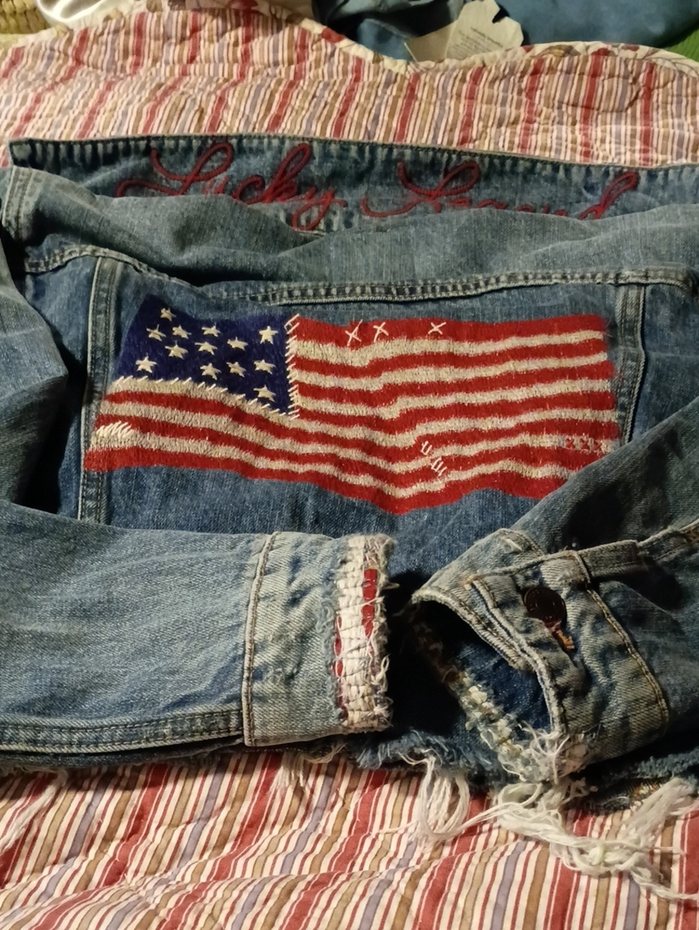Lucky Brand Light Blue Denim Jacket with Red, White & Blue Flag Embroidery